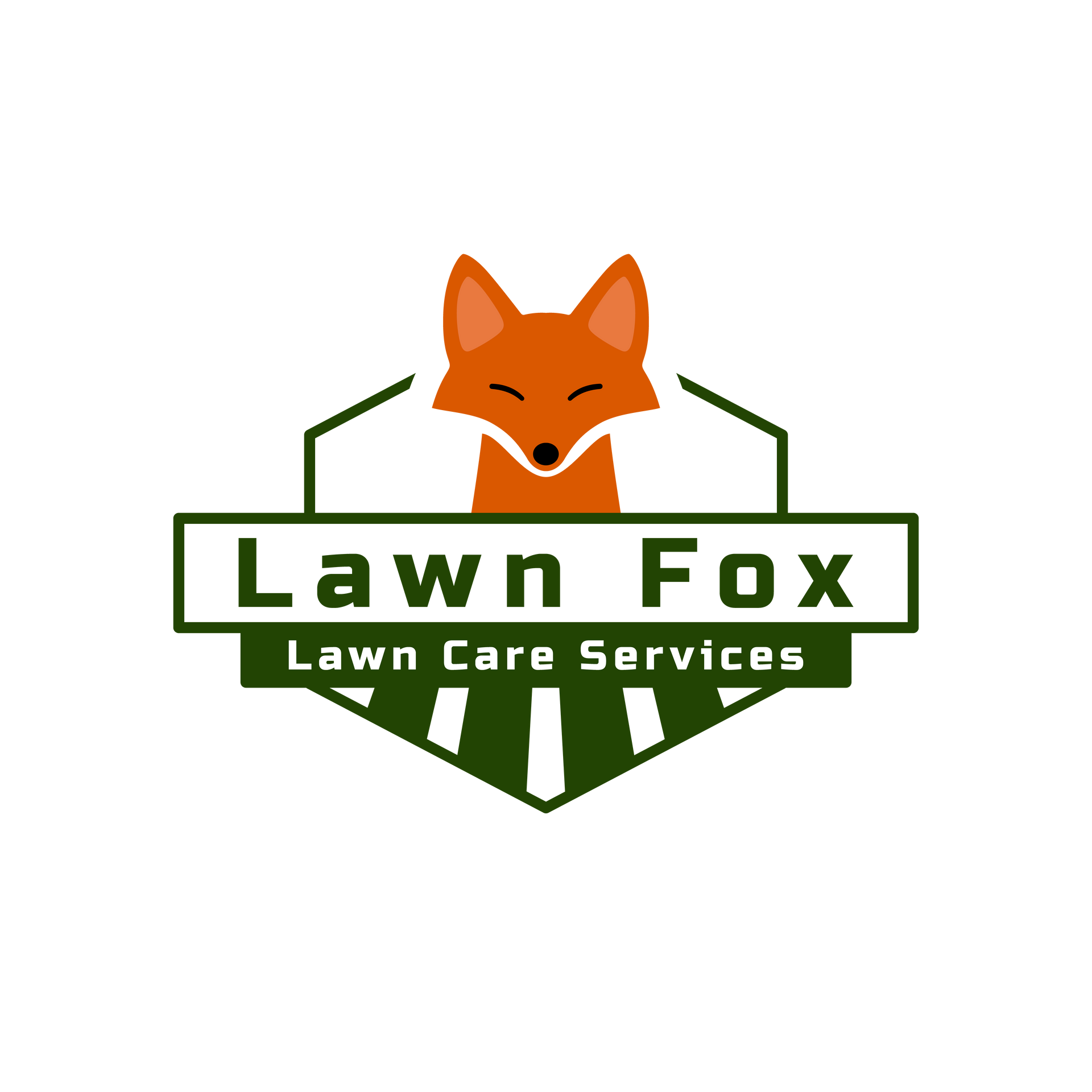 Logo for Lawn Fox lawn care services, featuring a smiling orange fox in a green and white geometric badge.