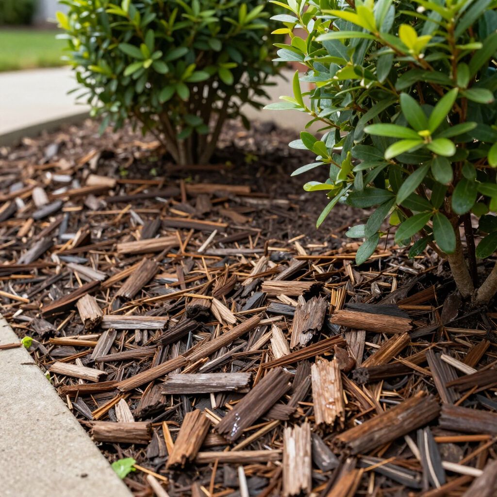 Mulch and green shrubs next to a concrete sidewalk.