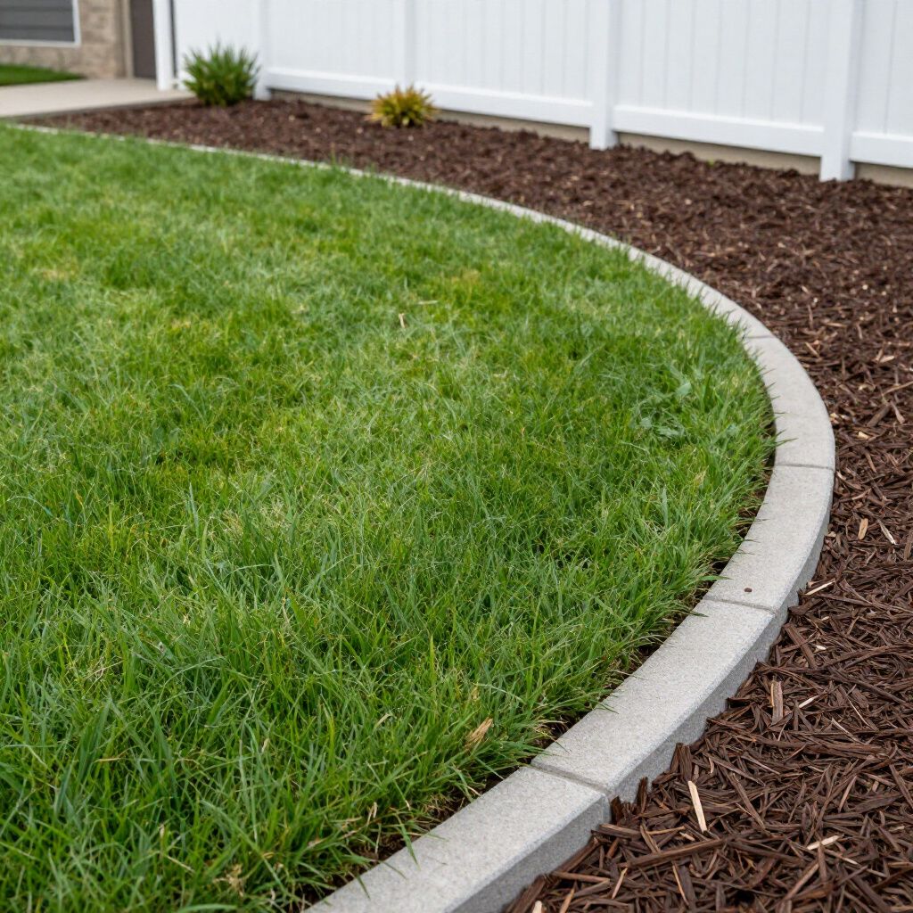 Green lawn bordered by gray concrete edging and brown mulch, beside a white fence.