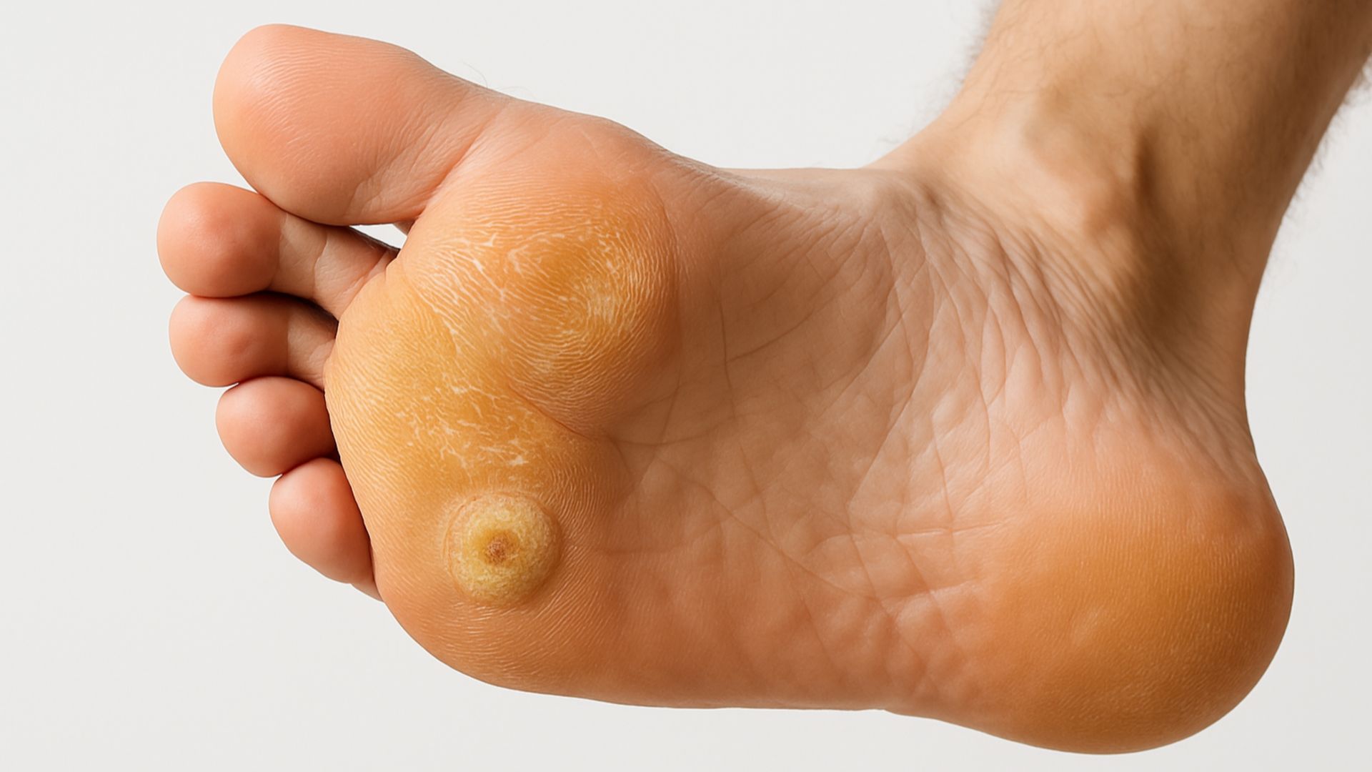 A human foot sole with thickened, calloused skin and a visible plantar wart on the ball of the foot.