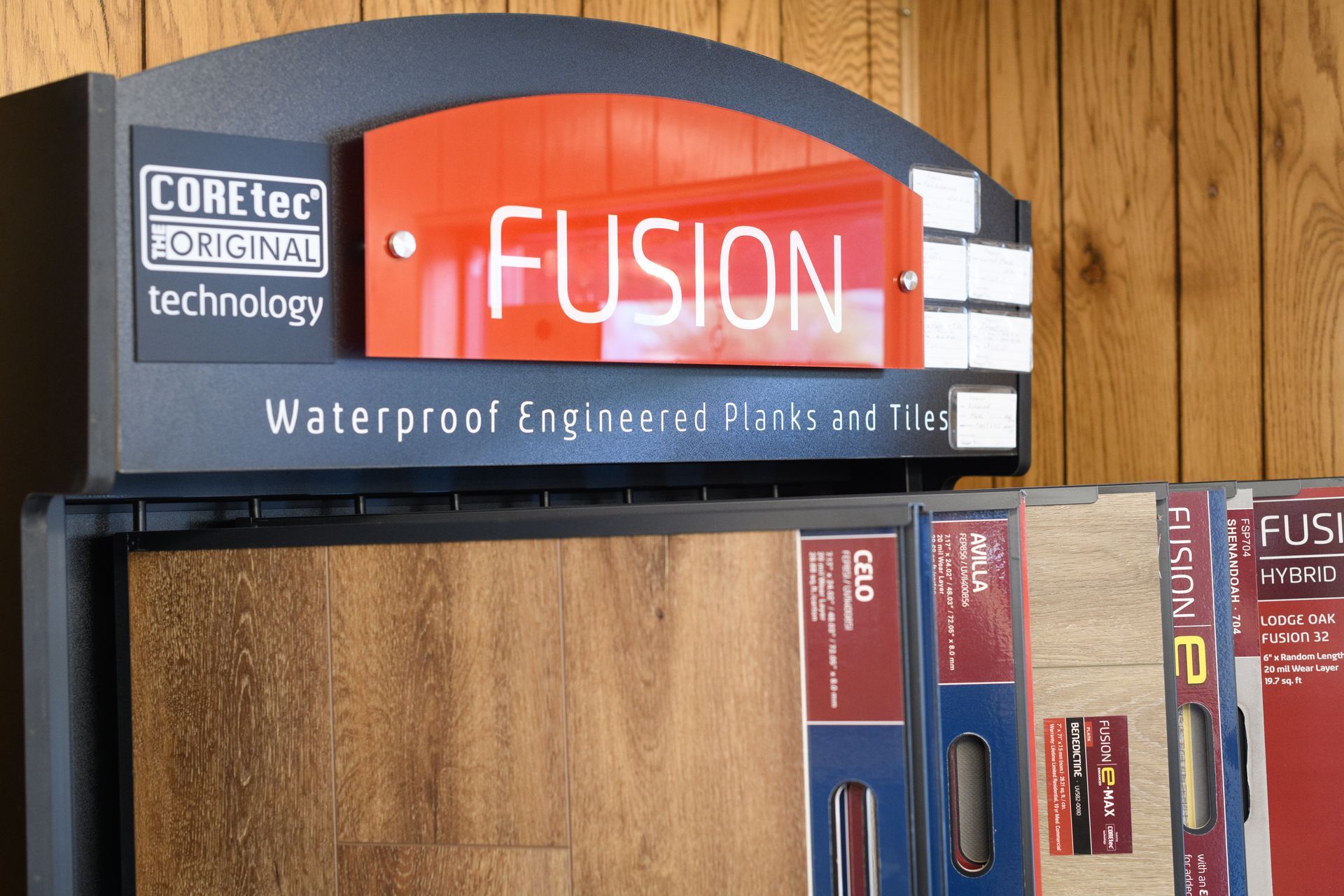 A display of fusion waterproof engineered floors and tiles