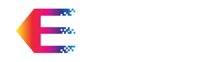 The letter E styled with a gradient from yellow to pink to blue, featuring a pixelated, dissolving effect on the right.