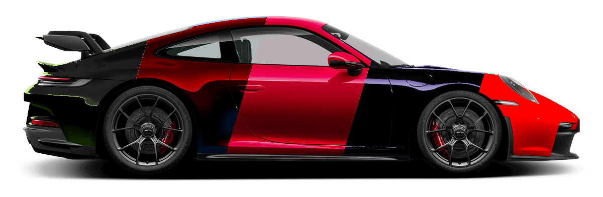 A Porsche 911 GT3 with a multi-colored, color-blocked paint job featuring green, blue, red, purple, and teal segments.