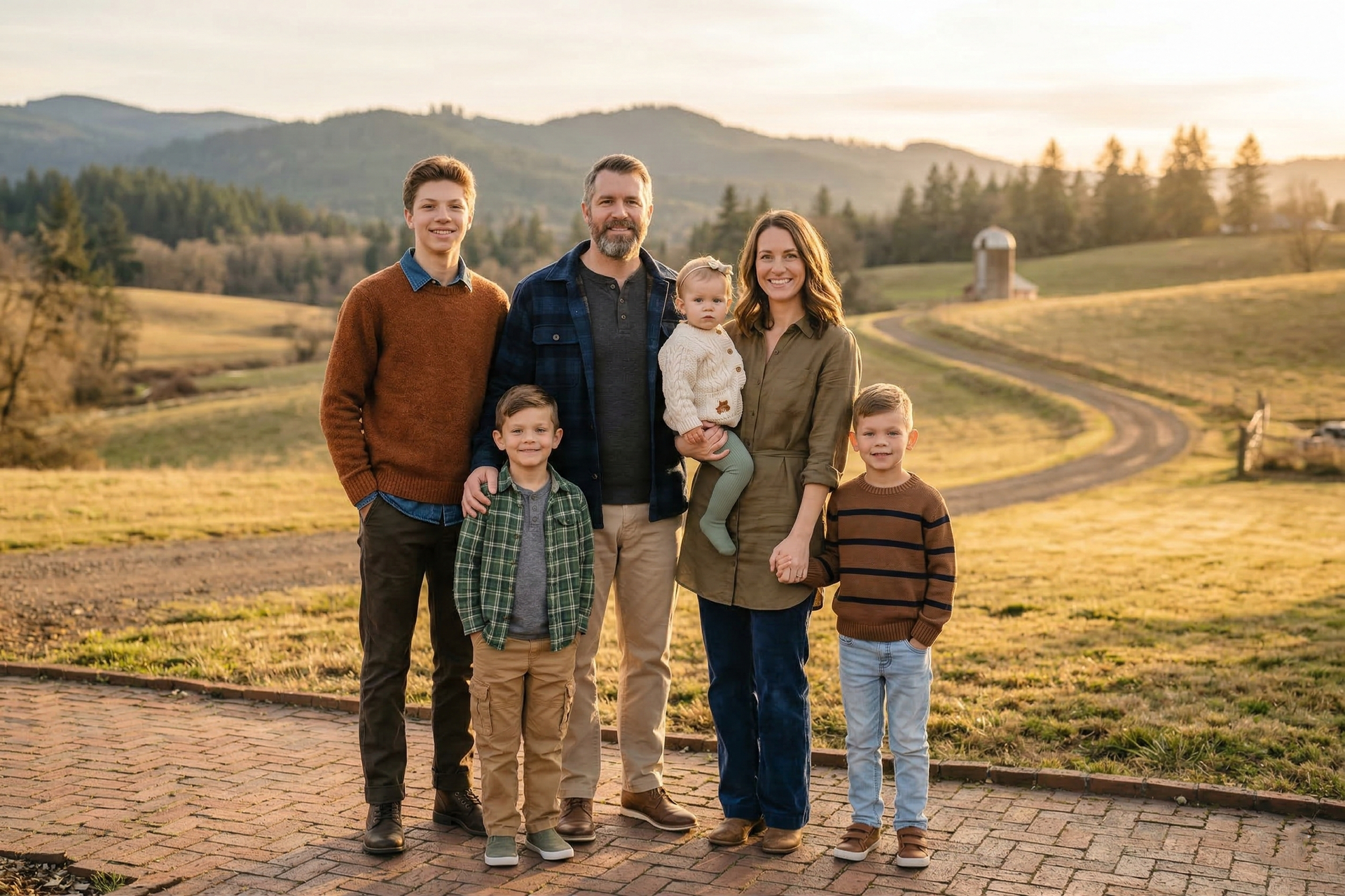 A family of seven stands together on a gravel path in a rural, hilly landscape at sunset.