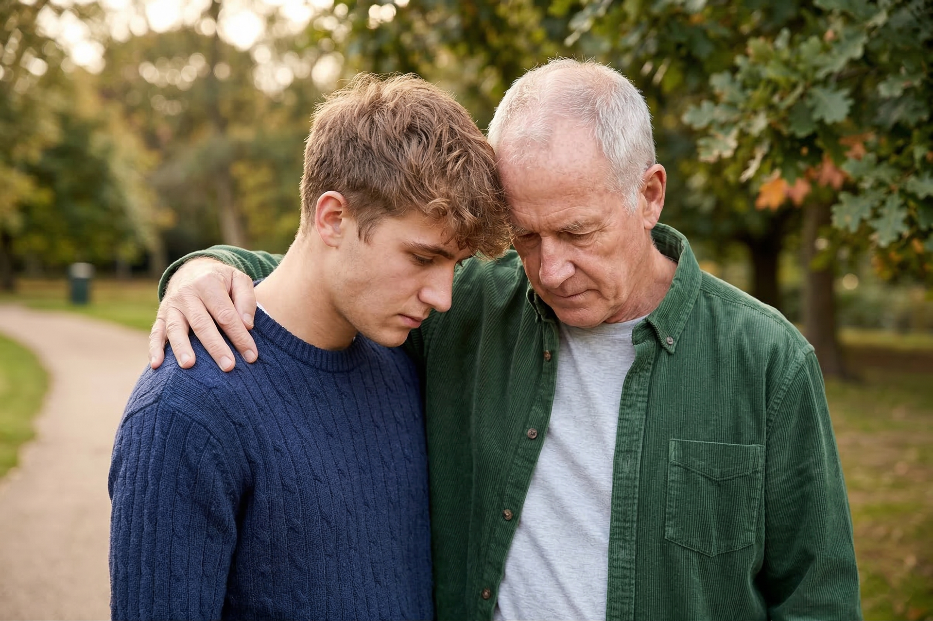 An older person and a younger person stand outdoors, heads touching and eyes closed in a moment of shared support.