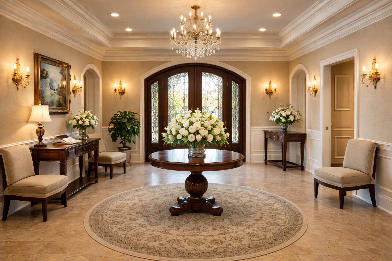 A living room with a couch , chairs , and a coffin.
