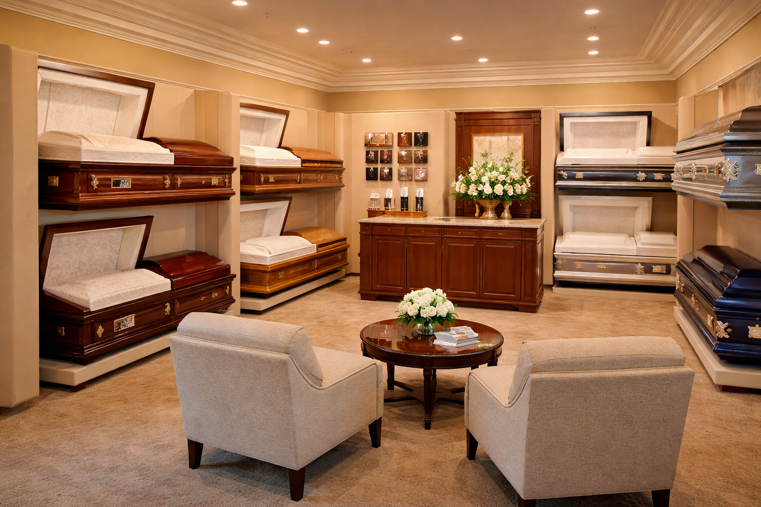 A showroom display of various wooden and metal coffins with two armchairs and a small table in the center.