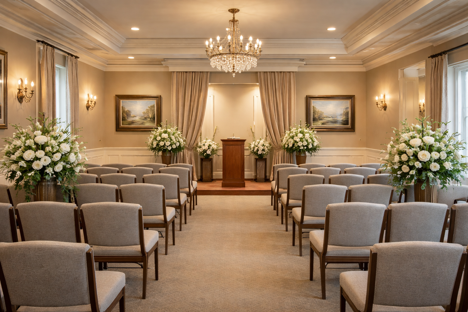 An artist 's impression of a hotel lobby with a couch , chairs , and plants.