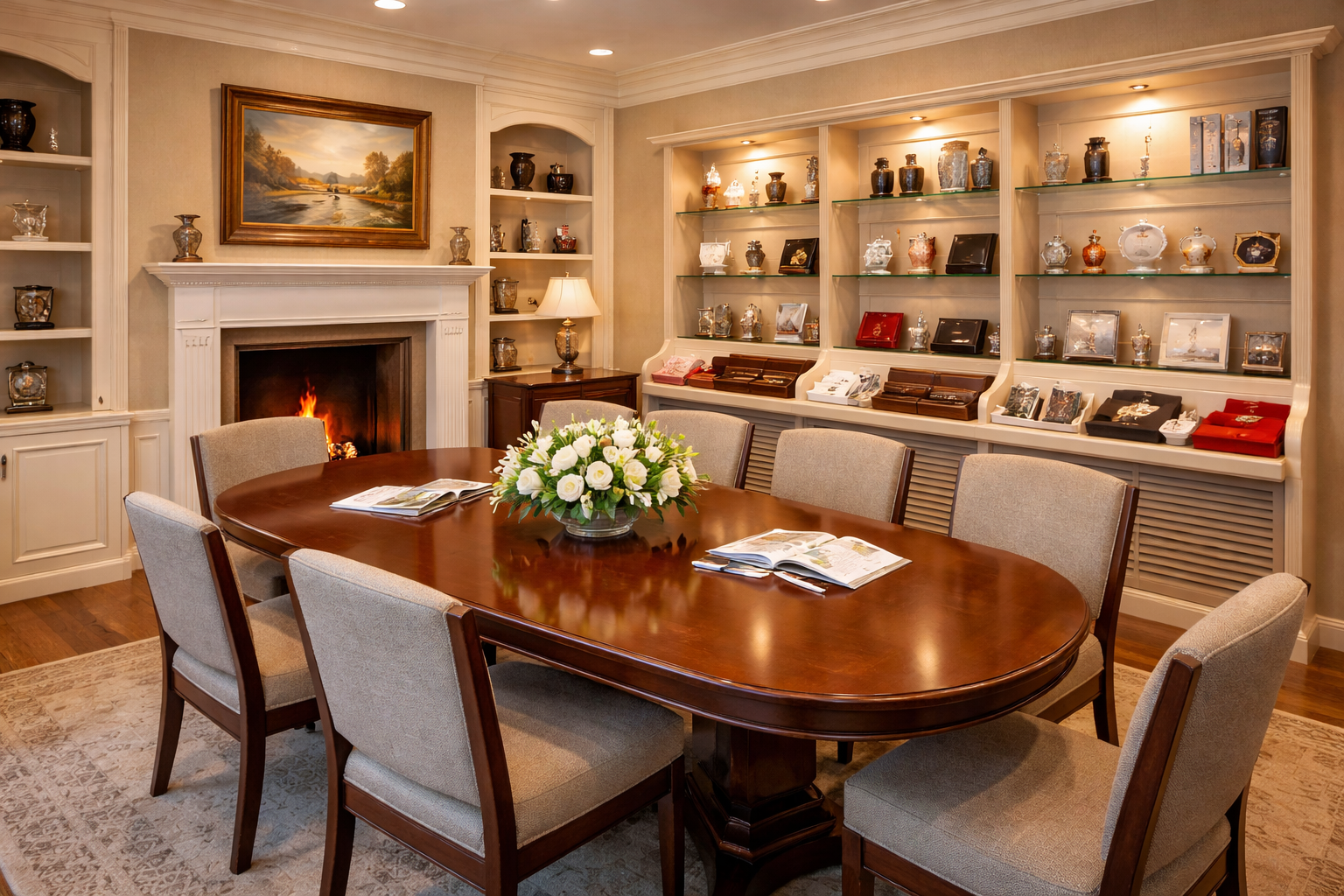 A dining room featuring an oval wooden table with six beige chairs, a fireplace, and wall-to-wall lit display shelving.
