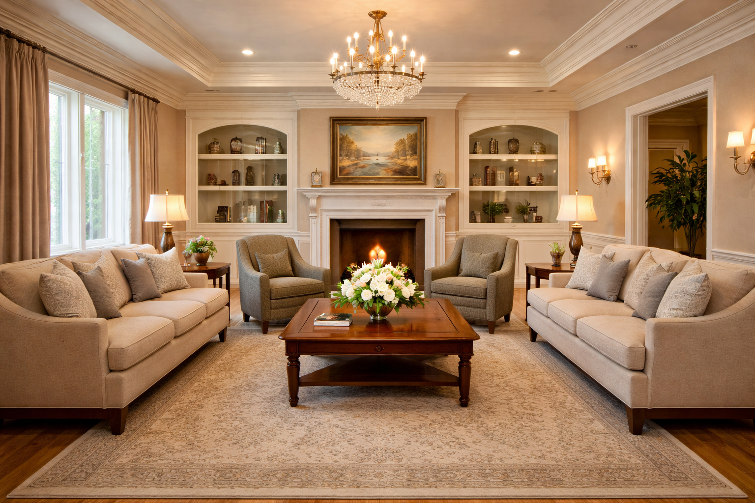 A church with rows of wooden benches and a podium