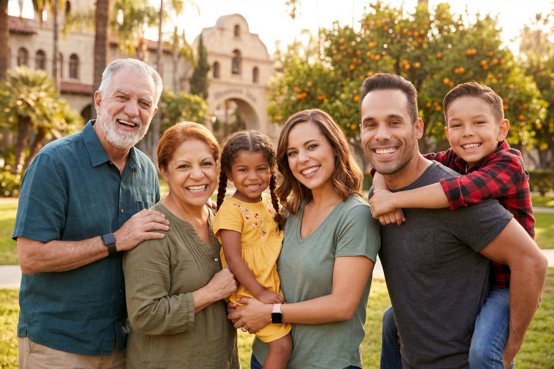 A smiling family of six standing together in a park, with a historic building in the background.