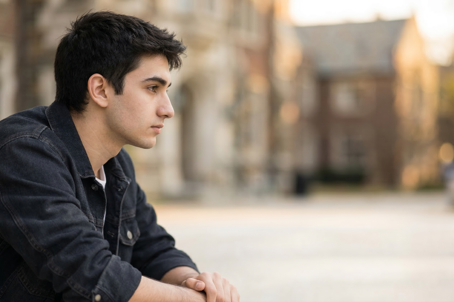 A person in a dark jacket sits outdoors in profile, gazing thoughtfully into the distance near a building.