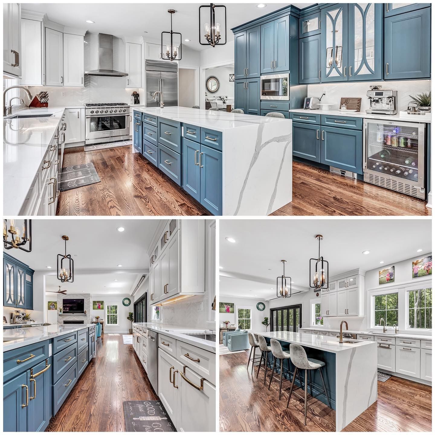 A collage of four pictures of a kitchen with blue cabinets and white counter tops.