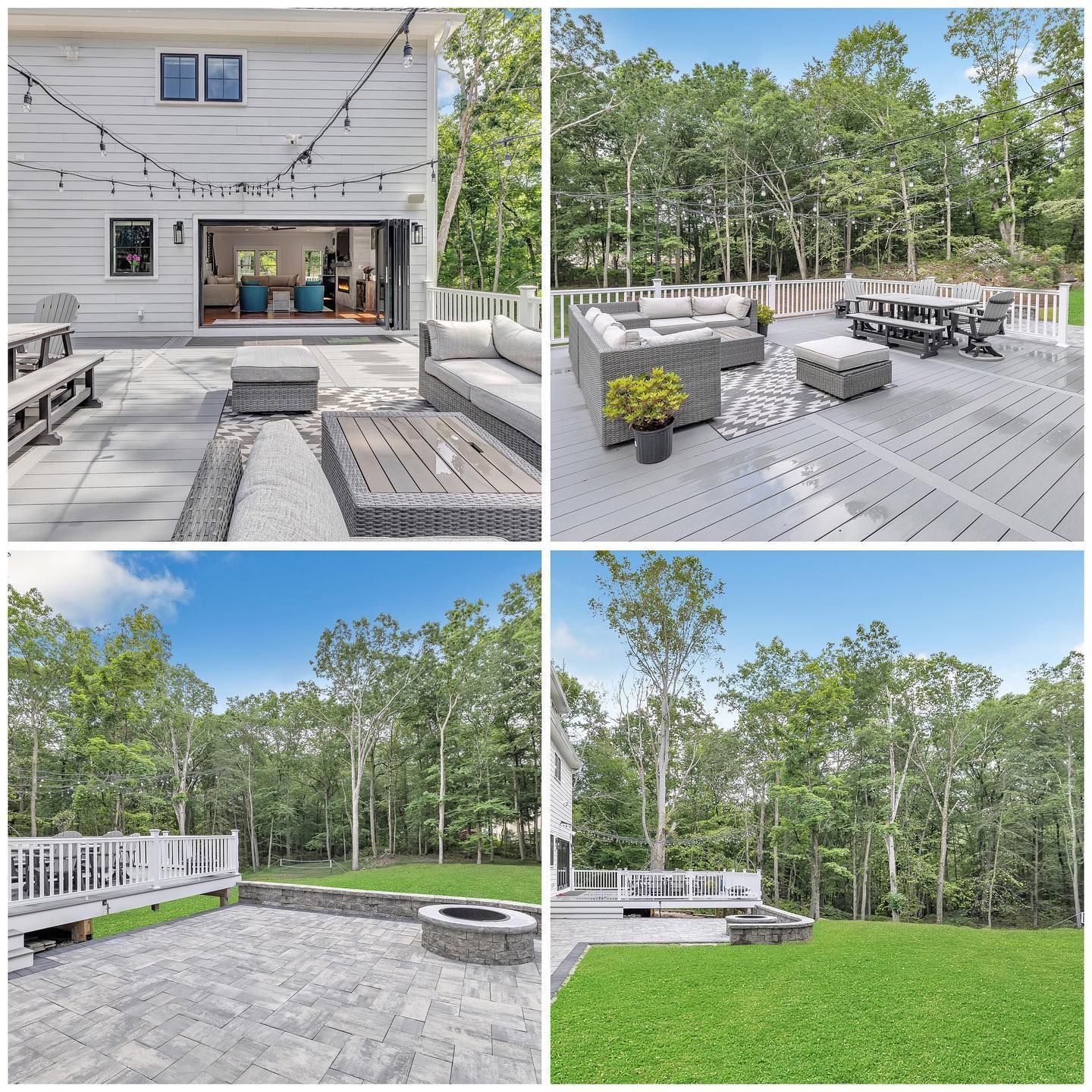 A collage of four pictures of a house with a large deck