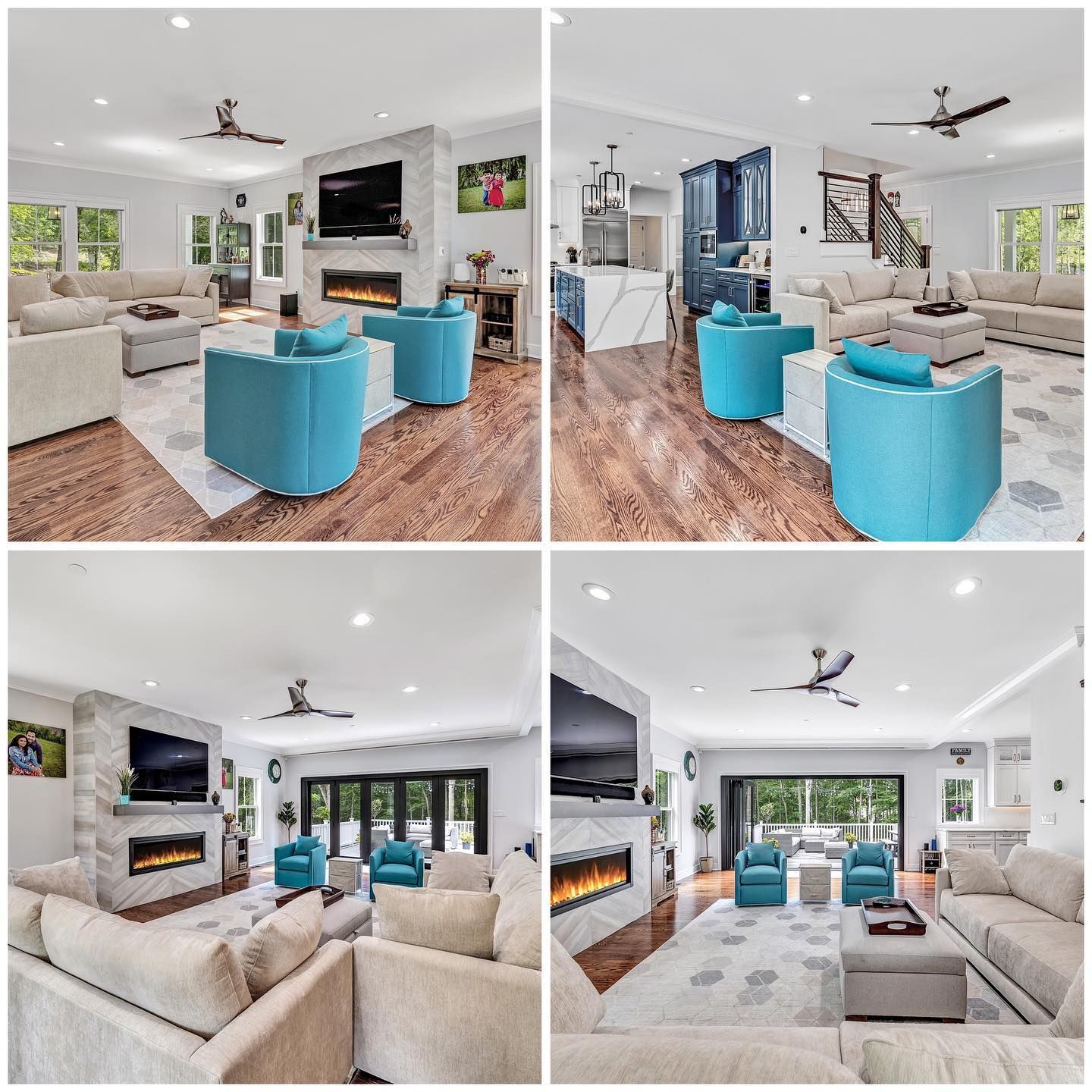 A collage of four pictures of a living room