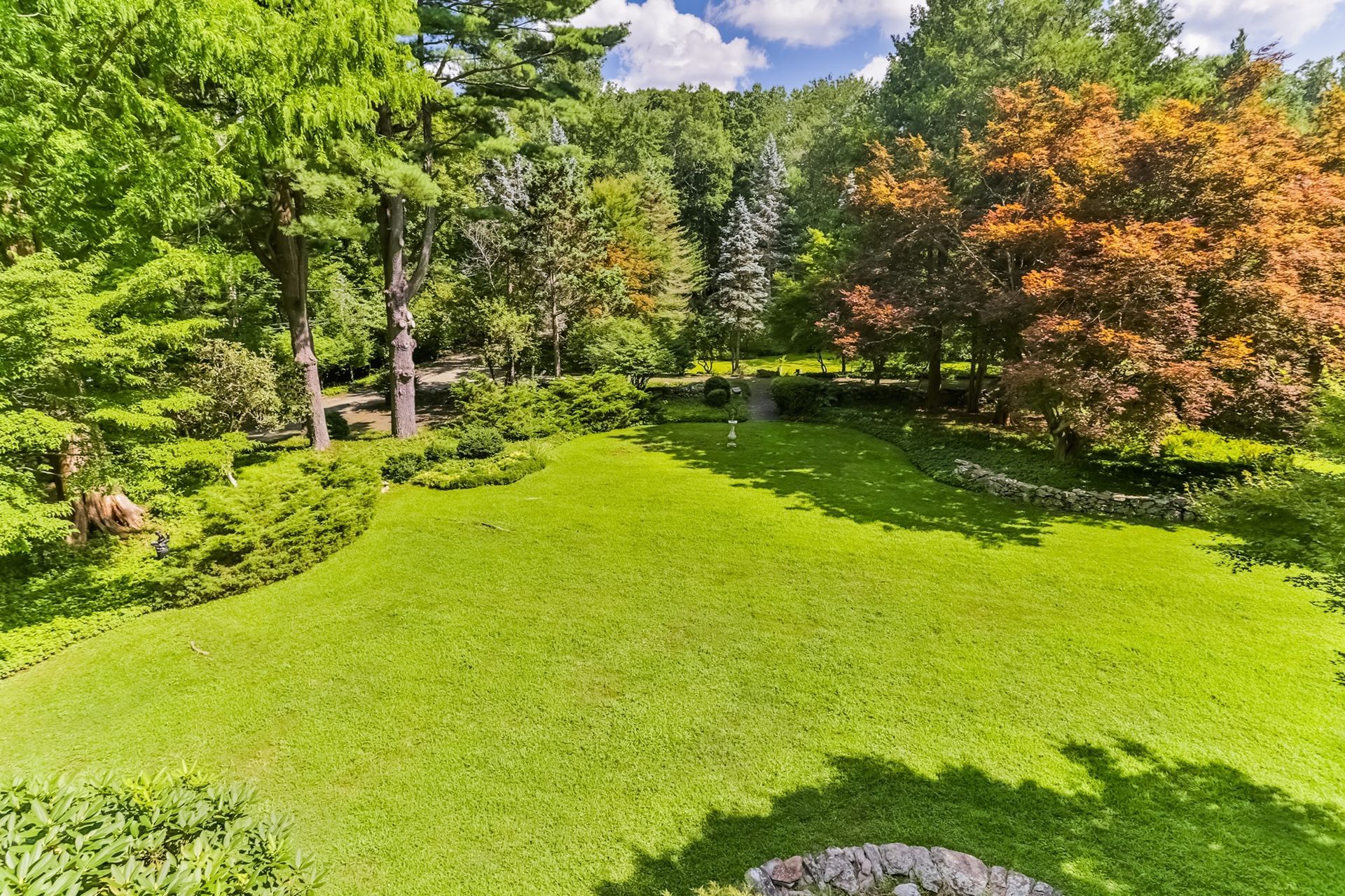 A large lush green field surrounded by trees on a sunny day.