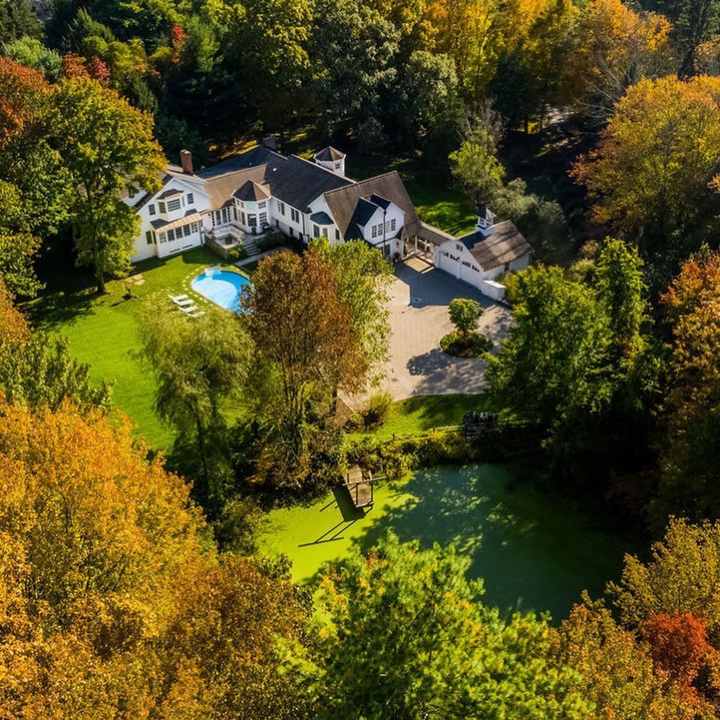 An aerial view of a large house surrounded by trees