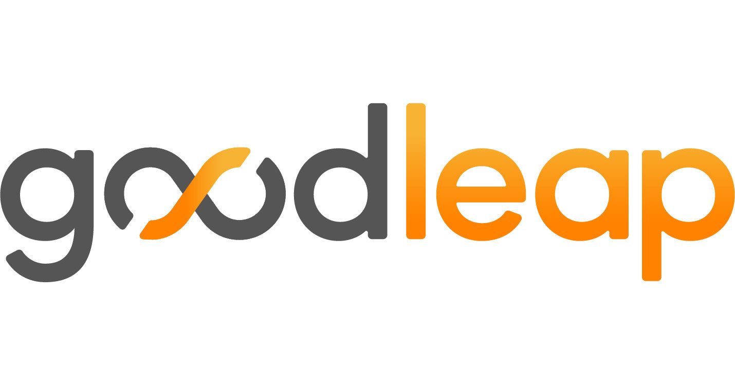 the logo for goodleap is orange and black on a white background .