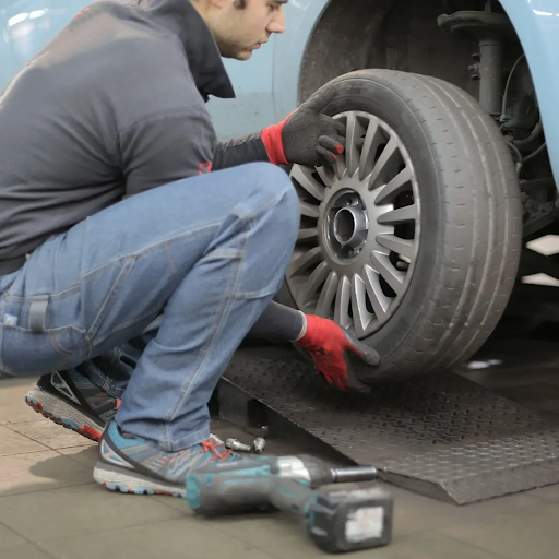 A mechanic fixing the tire in an auto repair shop.