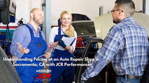 Two auto repair professionals are discussing work at a garage with their client. 
