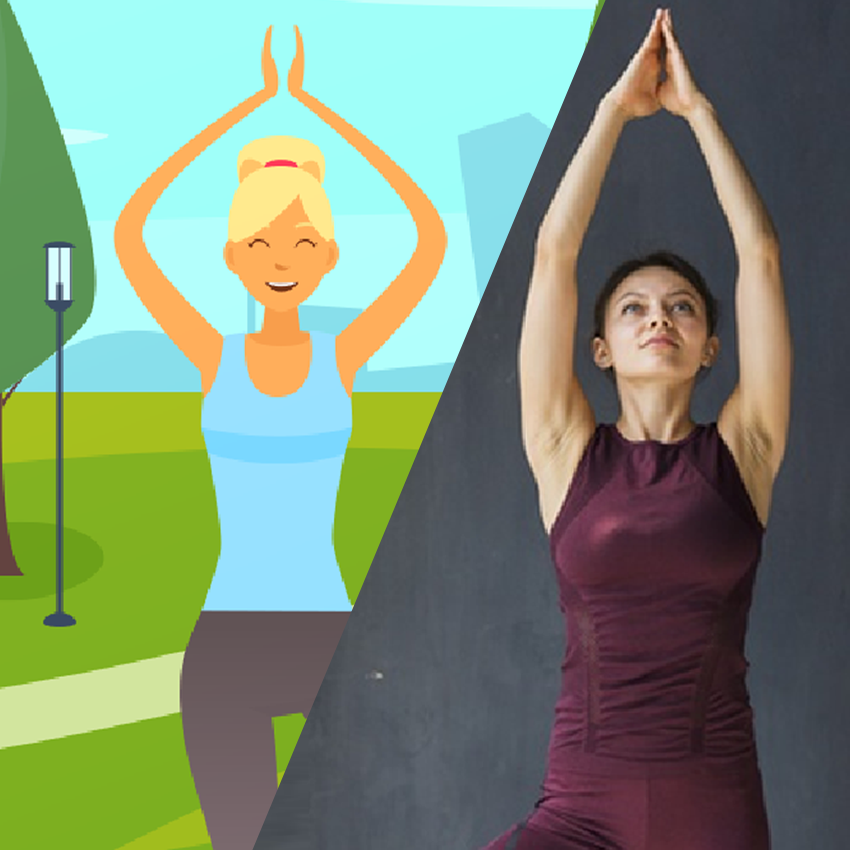 animated image of woman doing yoga against real life image of woman doing yoga