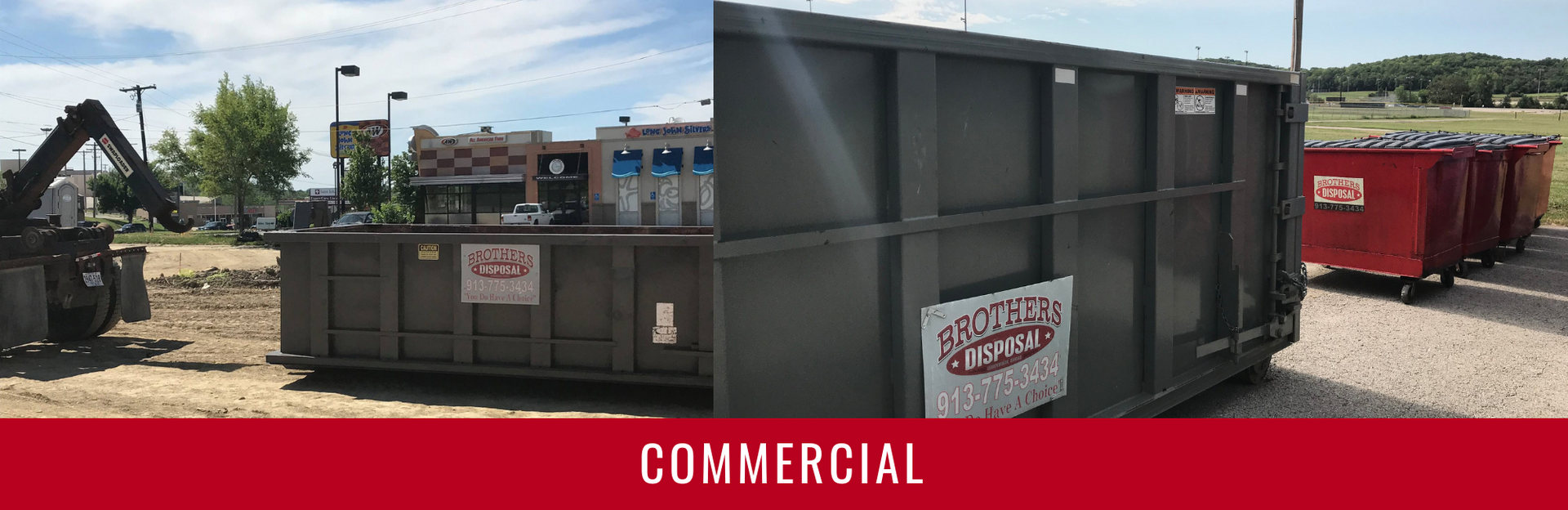Commercial dumpsters in gray and red parked on a gravel lot under a bright, sunny sky.