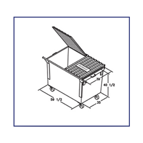 Line drawing of a rectangular metal dumpster with wheels and a hinged lid, featuring dimensions: 59 1/2
