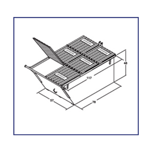 Line drawing of a rectangular storage container with dimensions 117x78x45cm and one lid partially opened.