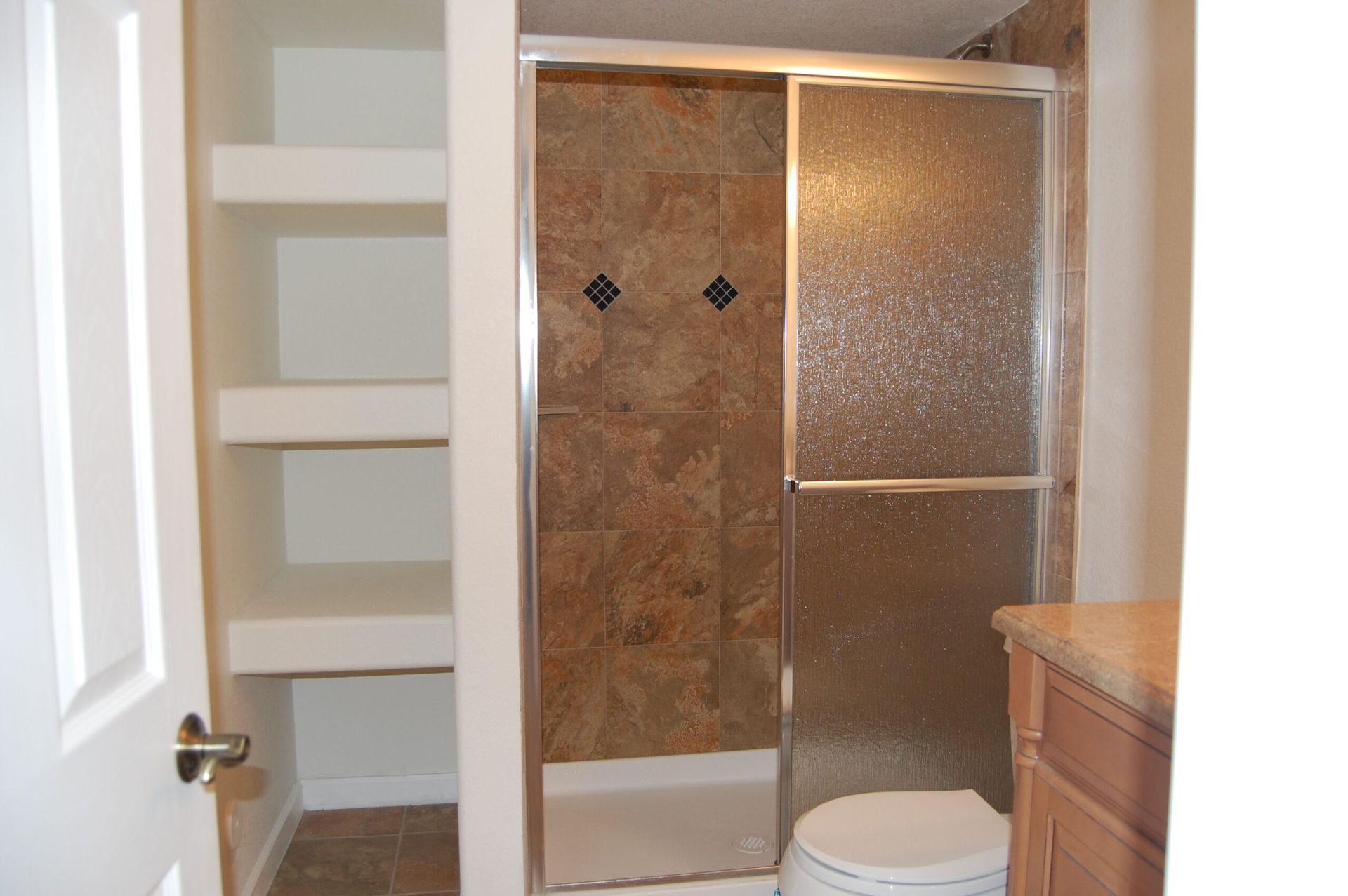 A bathroom with a toilet and a walk in shower.