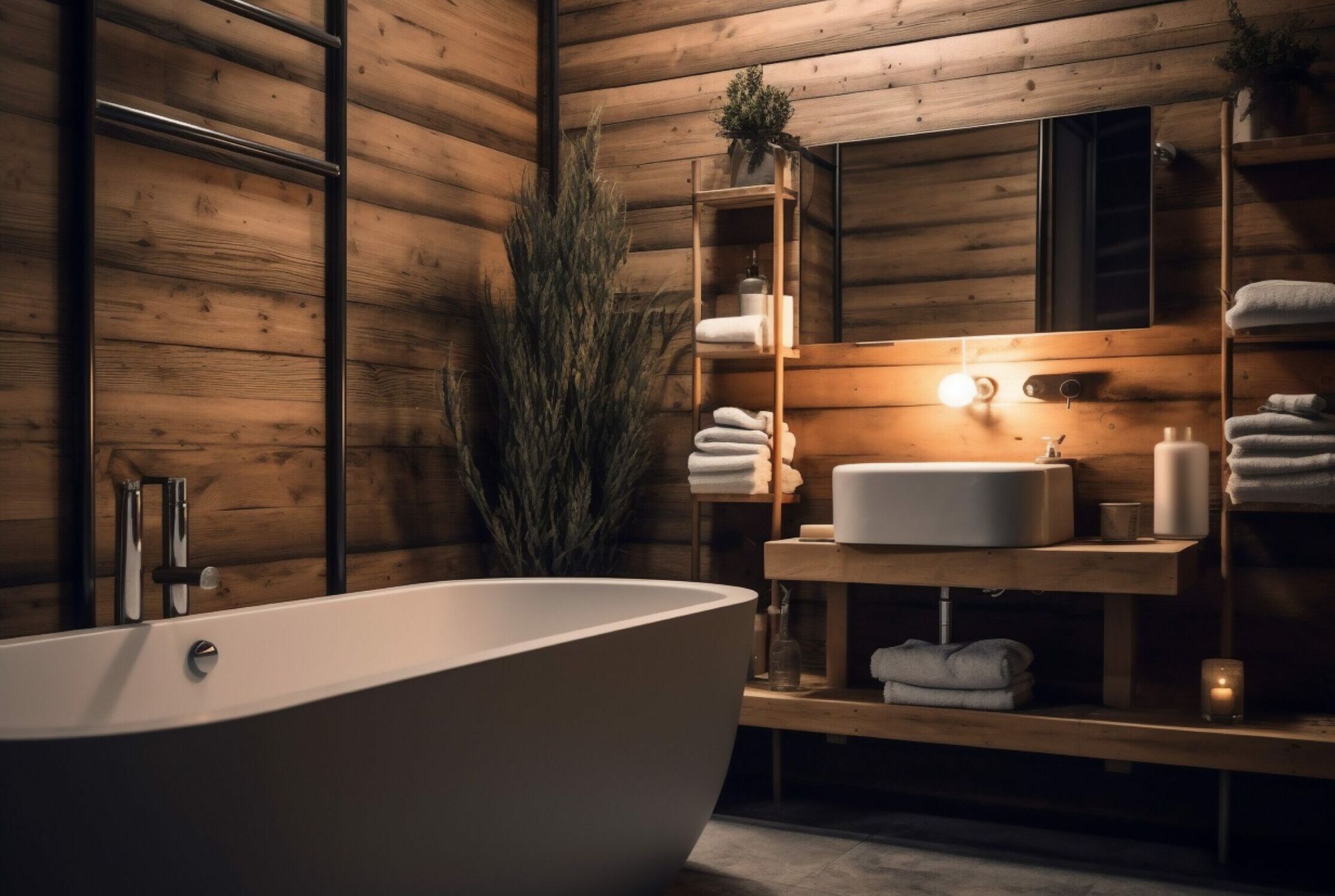 A bathroom with a bathtub , sink , mirror and wooden walls.
