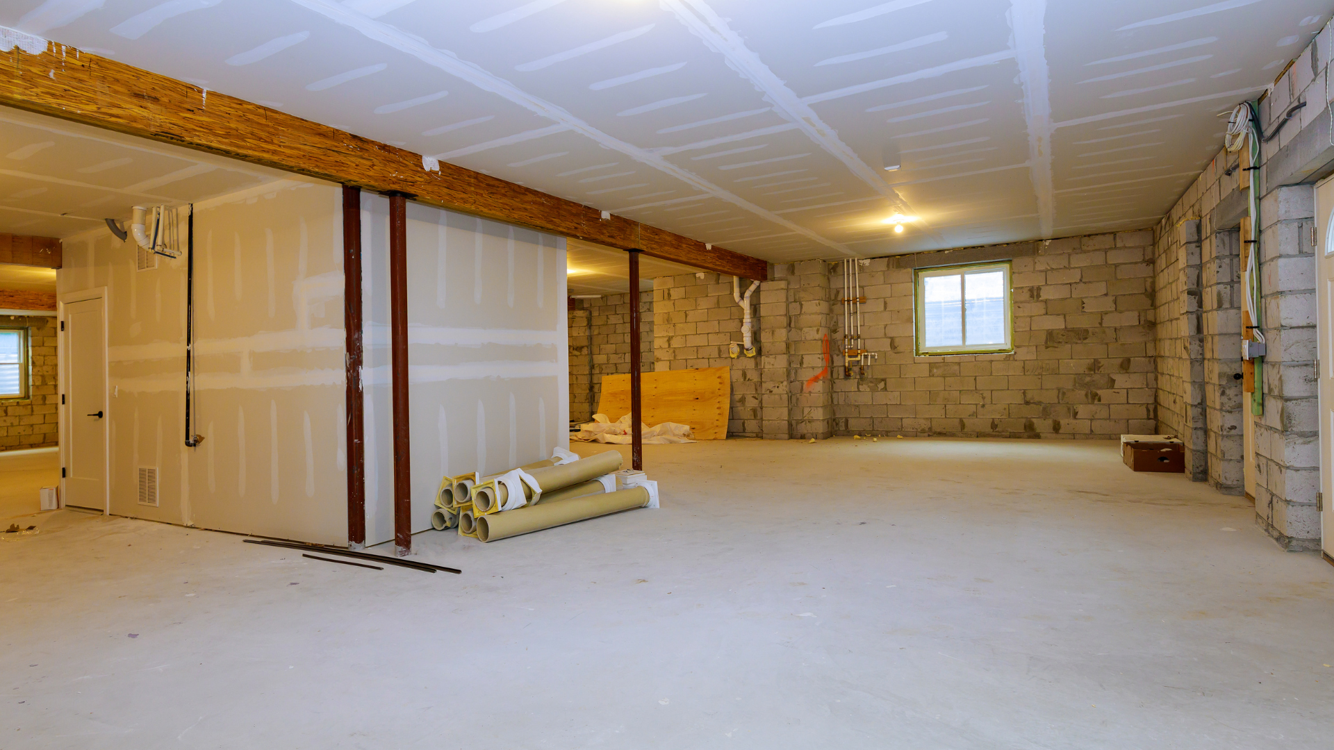 An empty basement with a stack of rolls of insulation on the floor.
