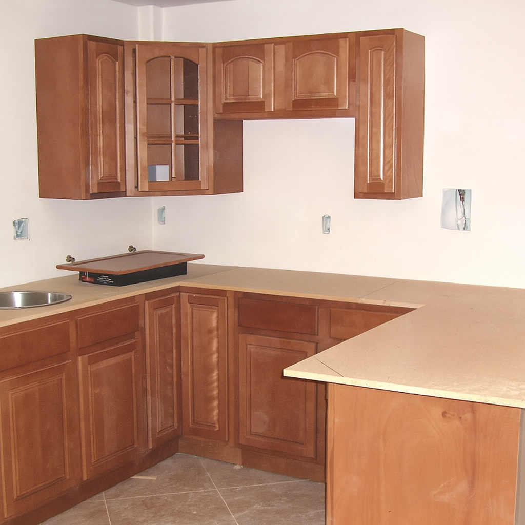 A kitchen with wooden cabinets and a marble counter top