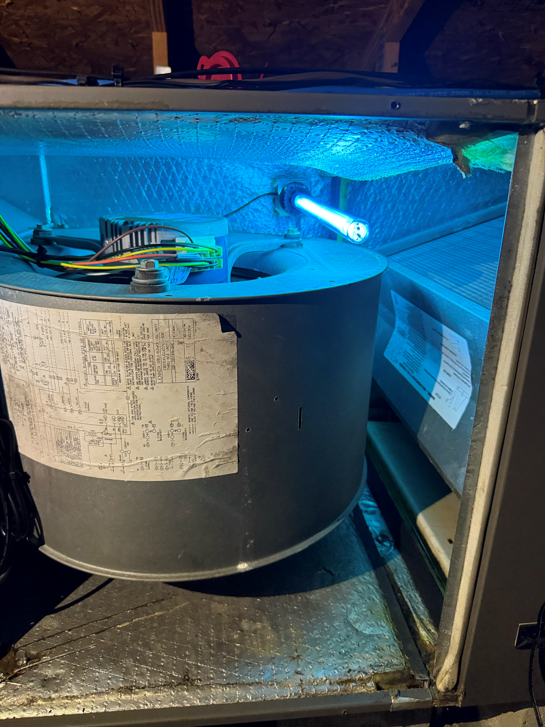 Furnace with a bright blue UV light. Fan and components inside a metal housing.