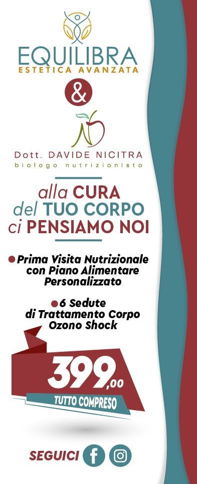 Pubblicità di Equilibra Estetica Avanzata che offre visite nutrizionali e trattamenti shock all'ozono a 399 euro.