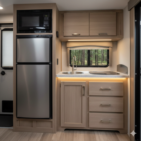 RV kitchen with refrigerator, microwave, sink, cooktop, cabinets, and drawers.