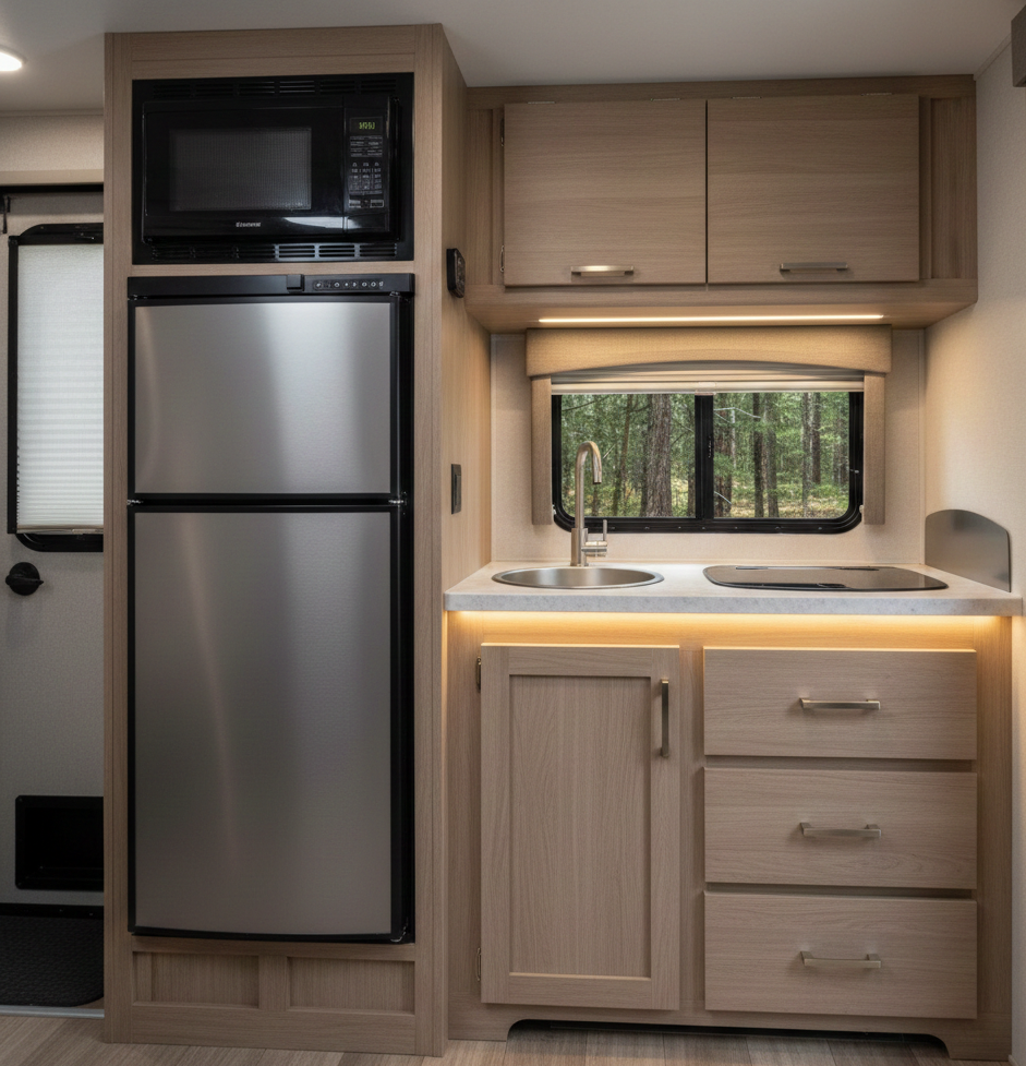 RV kitchen with stainless steel refrigerator, microwave, cabinets, countertop, and window with a forest view.