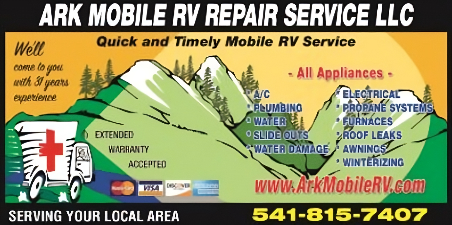 Advertisement for Ark Mobile RV Repair Service LLC. Features an RV ambulance in front of a mountain scene, with service details and contact info.