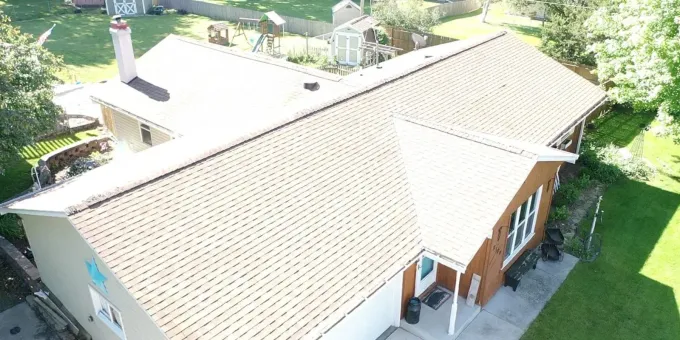 An aerial view of a house with a tiled roof