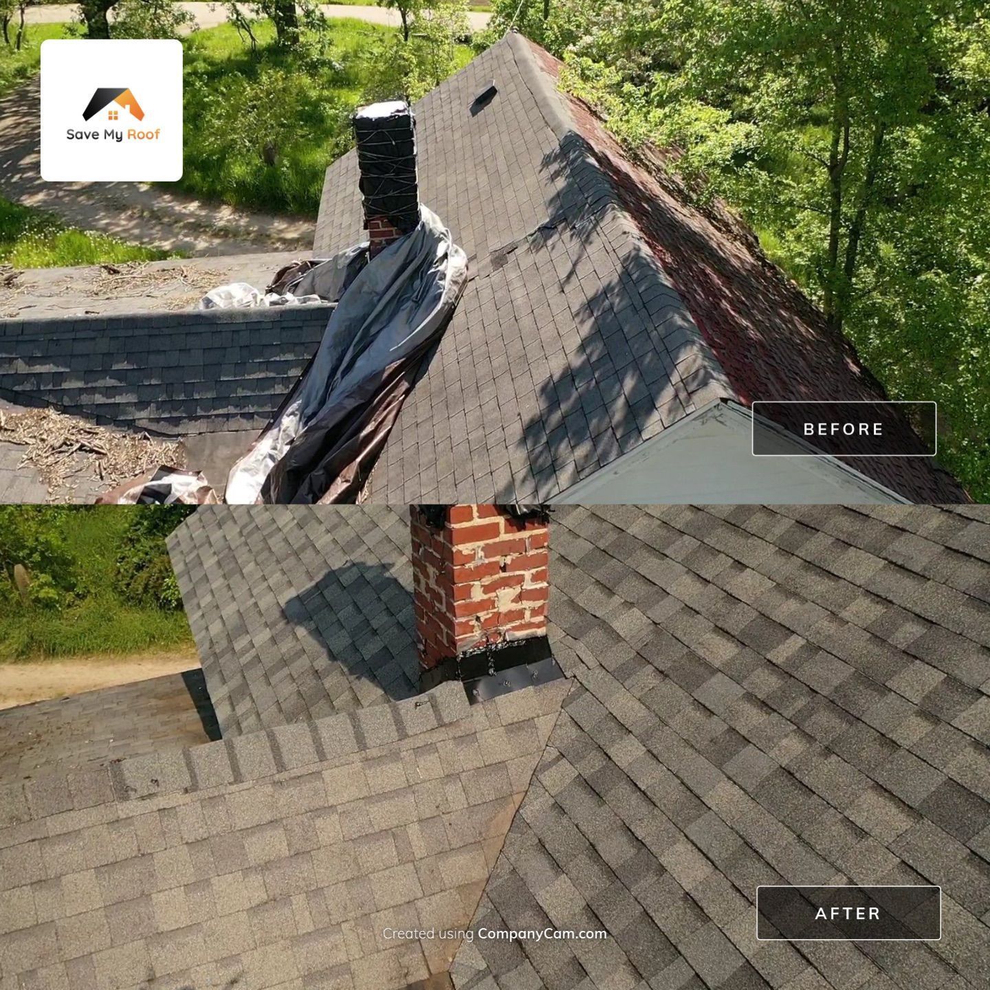 An aerial view of a roof with a chimney on it.