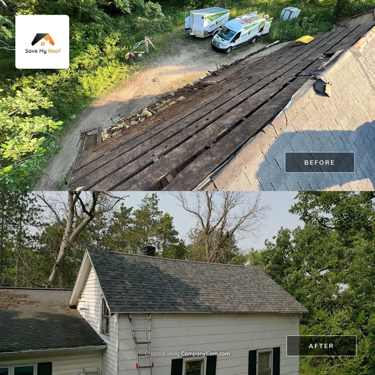 A before and after picture of a house with a train track in the background.