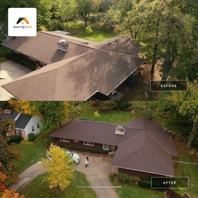 An aerial view of a house before and after a roof replacement.