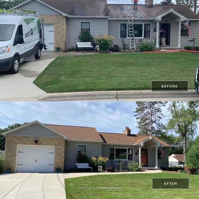 A before and after photo of a house with a van parked in front of it