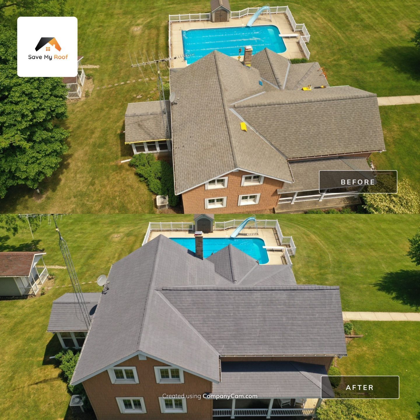 An aerial view of a house with a pool in the backyard