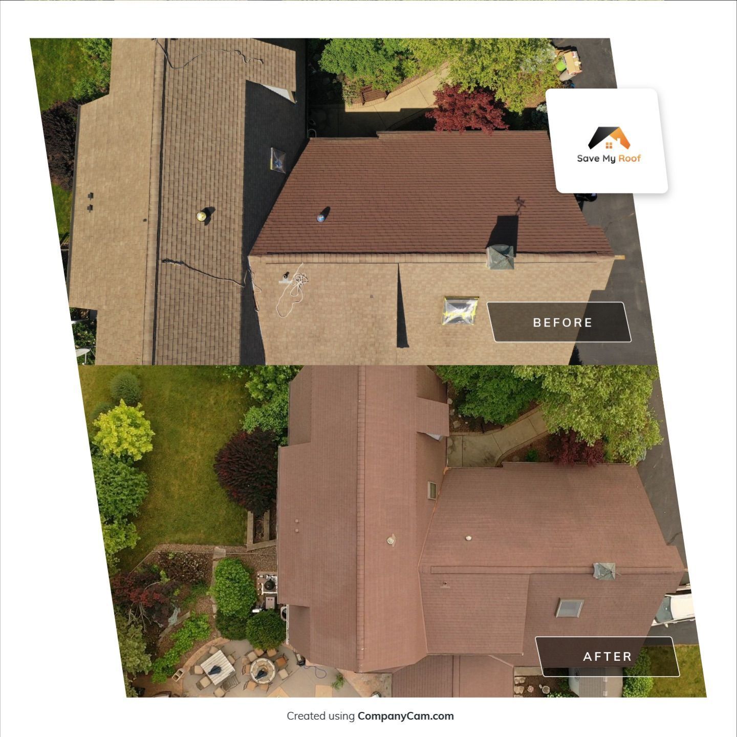 An aerial view of a house before and after a roof replacement
