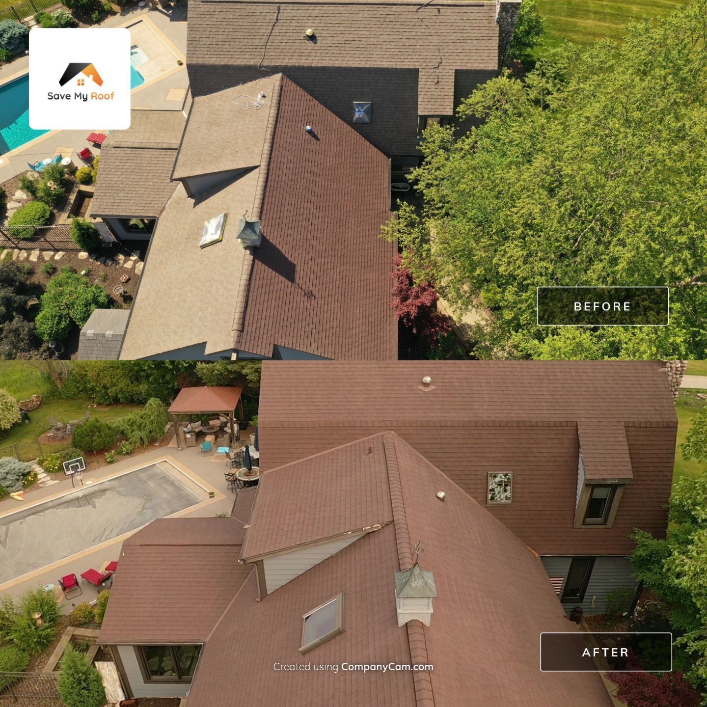 An aerial view of a house before and after a roof replacement