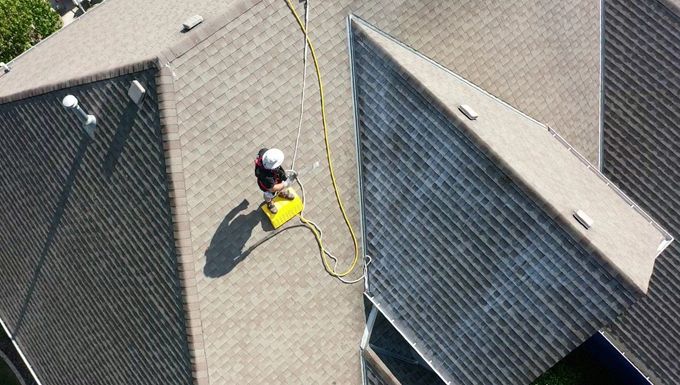 An aerial view of a man standing on top of a roof.