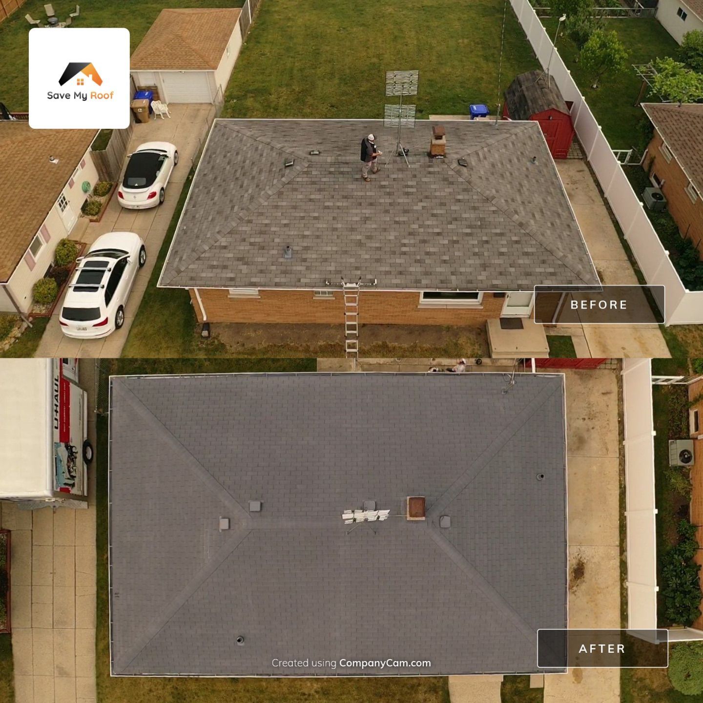 An aerial view of a house before and after a roof replacement