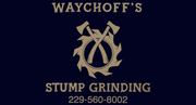 Waychoff's Stump Grinding logo: Two crossed axes over a circular saw blade, text on navy background.