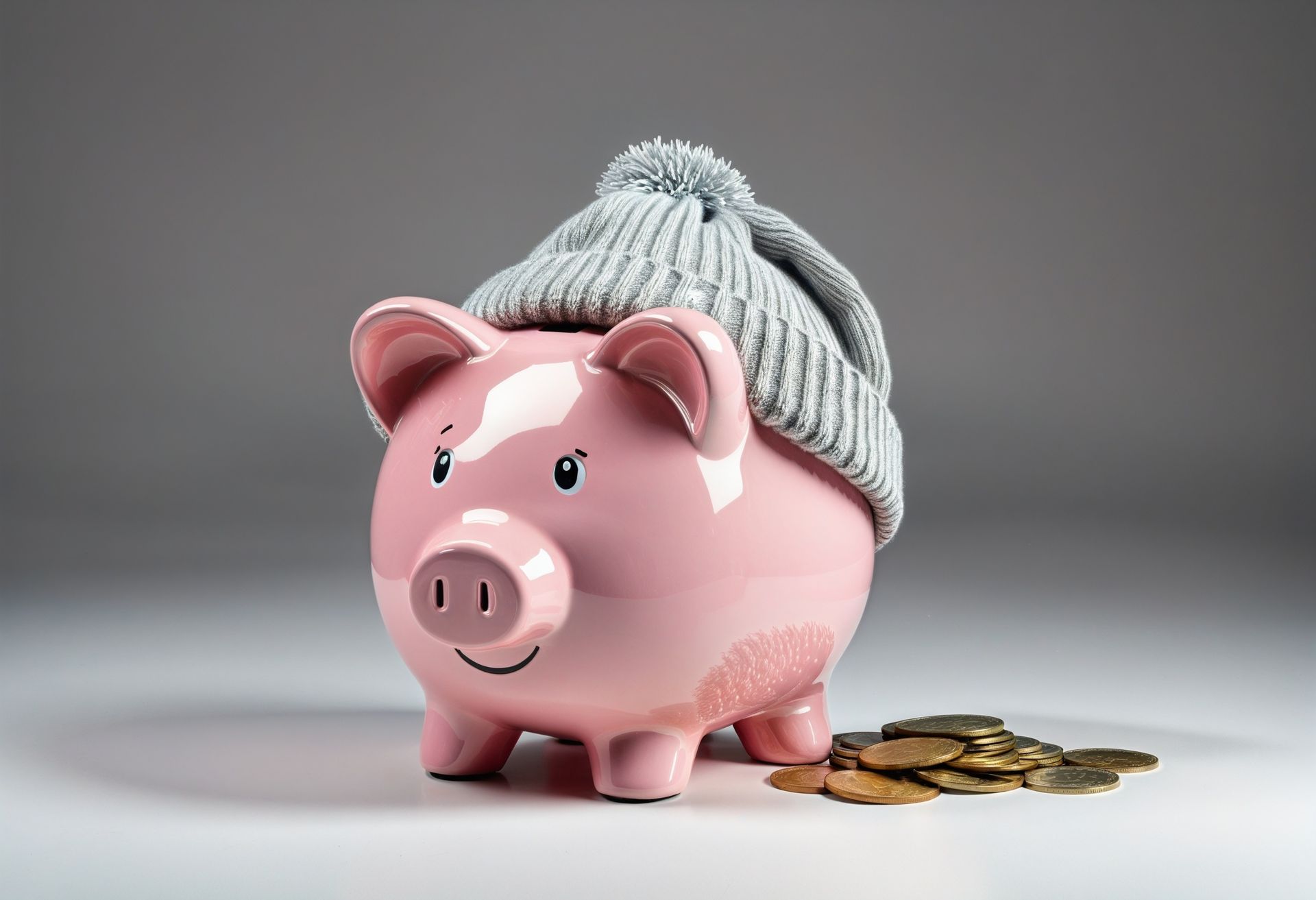 A pink piggy bank wearing a knitted hat next to a pile of coins.