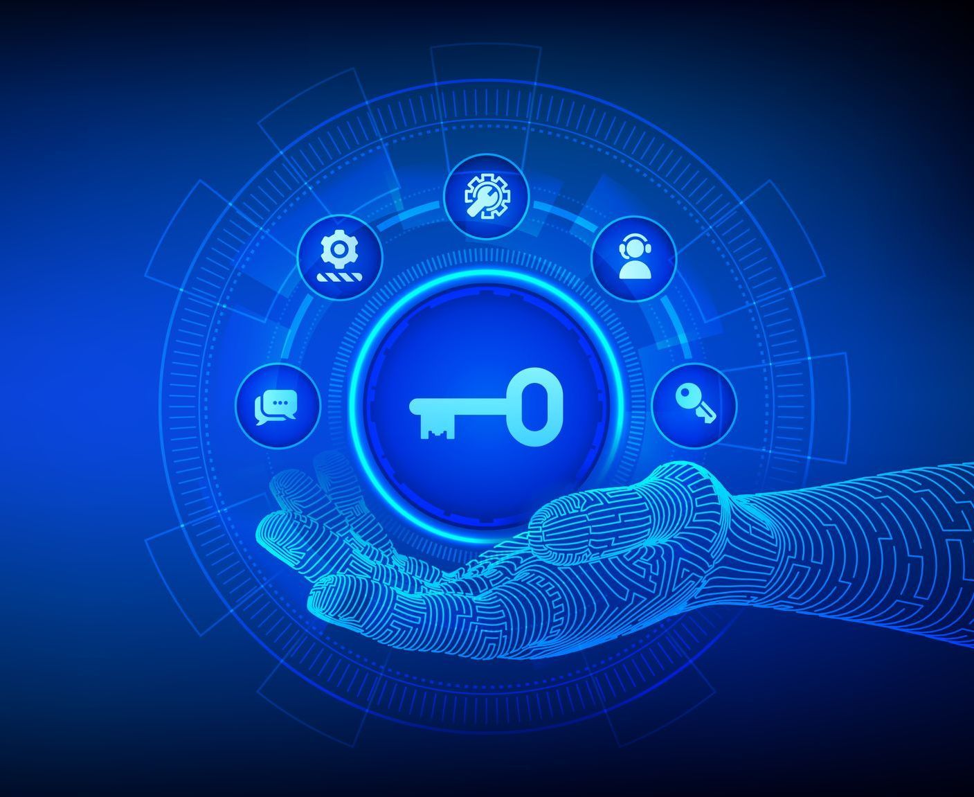 A hand is holding a key surrounded by icons on a blue background.